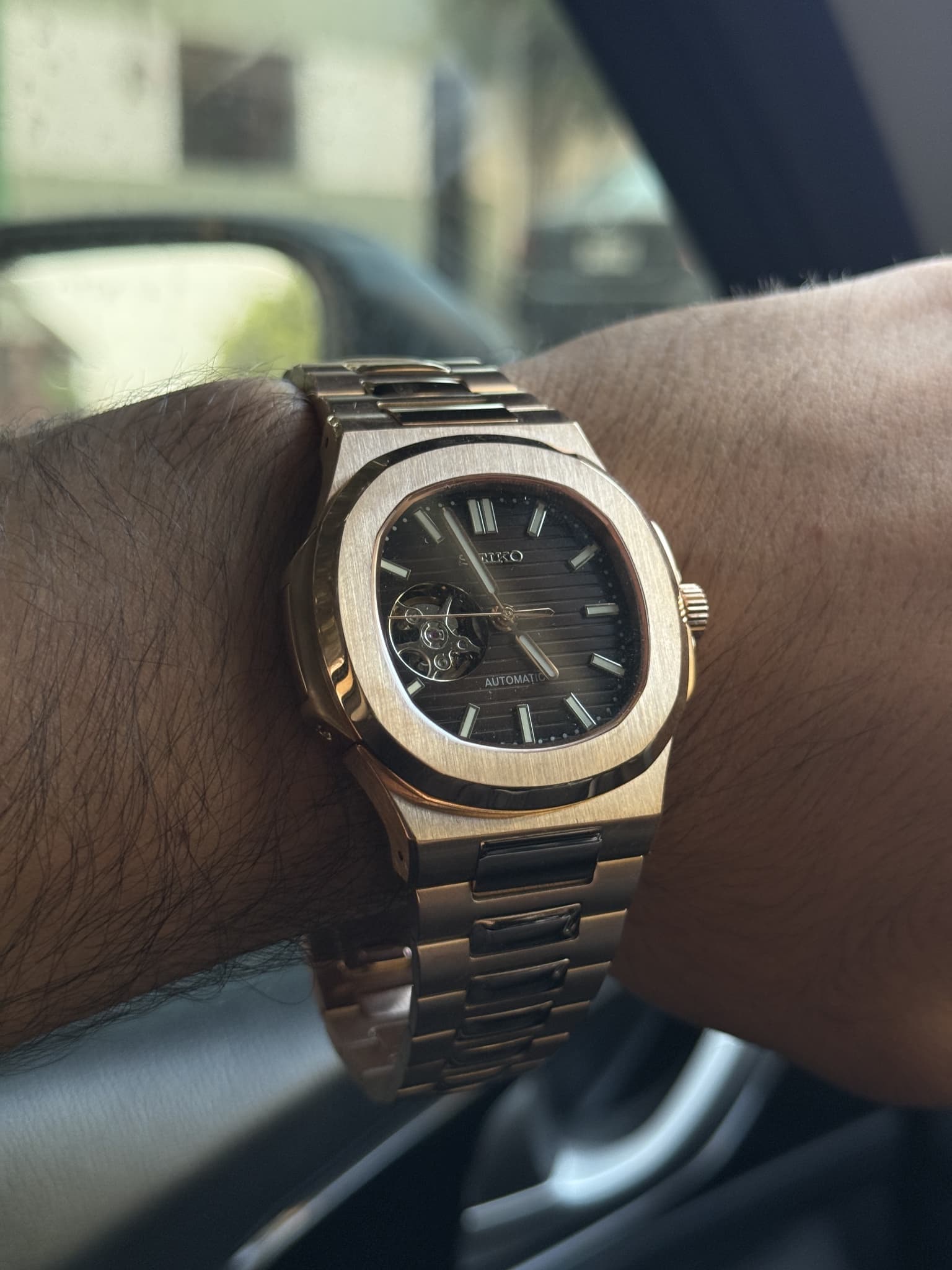 Seiko Mod “Nautilus Rose Gold Openheart Reloj automático de acero inoxidable color oro rosa”