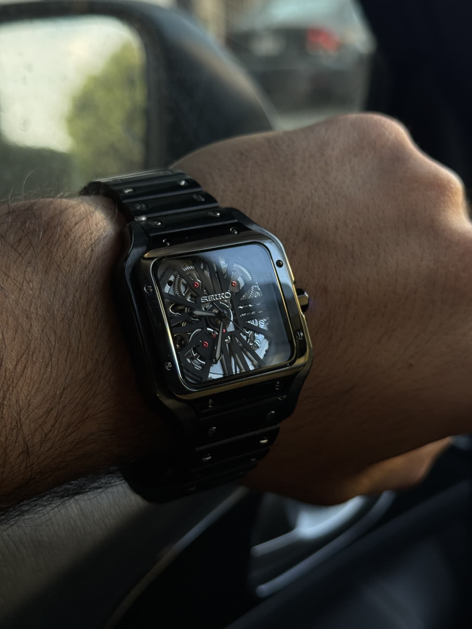Seiko Mod Santos Skeleton Full Black Reloj Automático De Acero Inoxidable