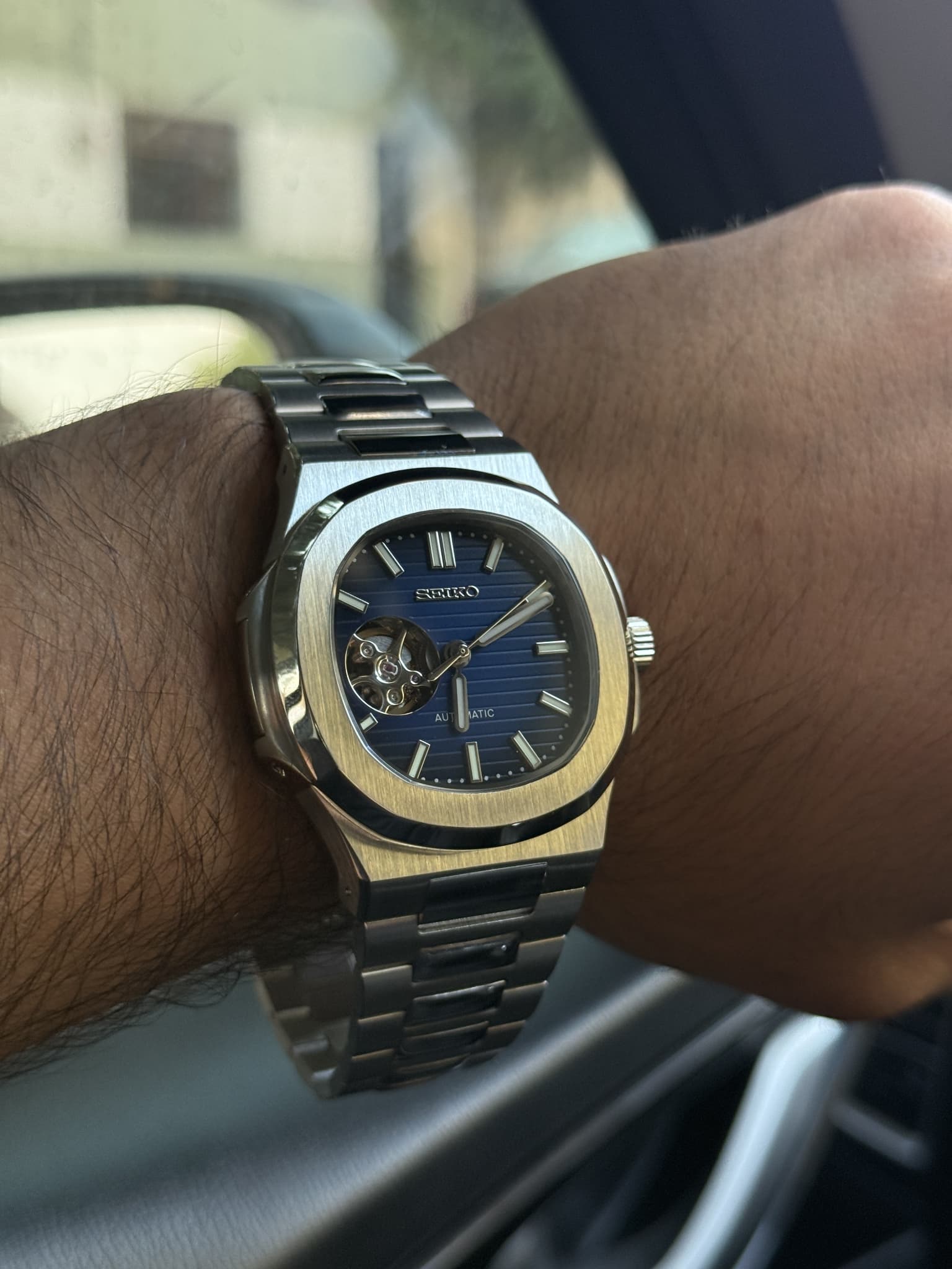 Seiko Mod Nautilus Open Heart Blue Dial Reloj Automático de Acero Inoxidable